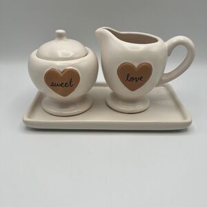 New Rae Dunn SWEET LOVE Cream and Sugar with Tray Set Valentine's Hearts